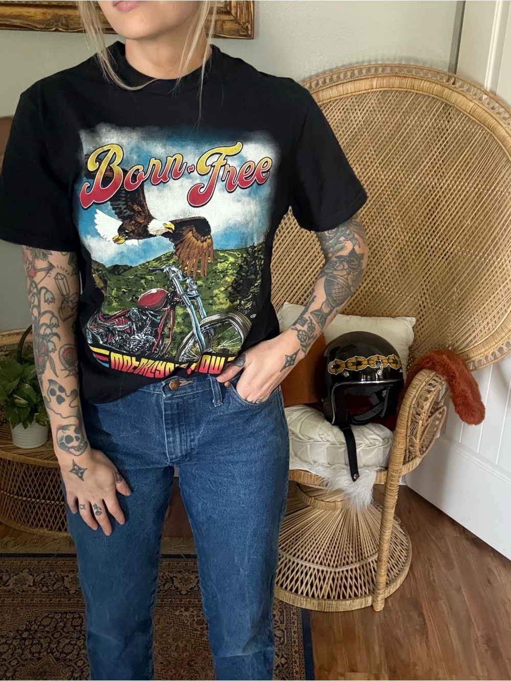 Harley-Davidson Black T-Shirt with Red, Yellow and Blue Graphic - "Born Free"